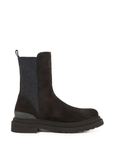 Brunello Cucinelli Pepper Suede Ankle Boots With Precious Detail In Brown