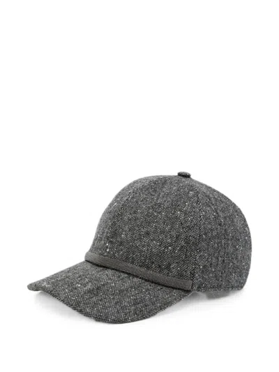 Brunello Cucinelli Monili-embellished Tweed Baseball Cap In Gray