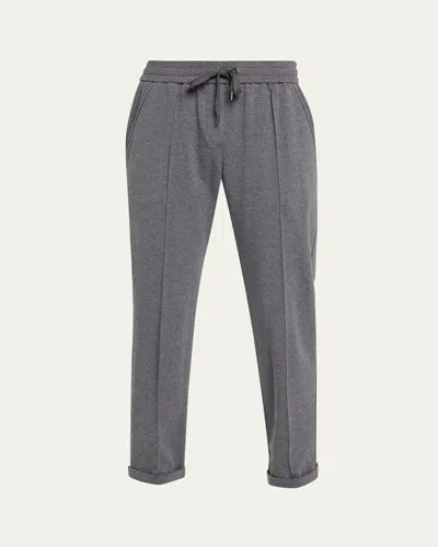 Brunello Cucinelli Monili-trim Cotton Fleece Tapered-leg Ankle Track Pants In Gray