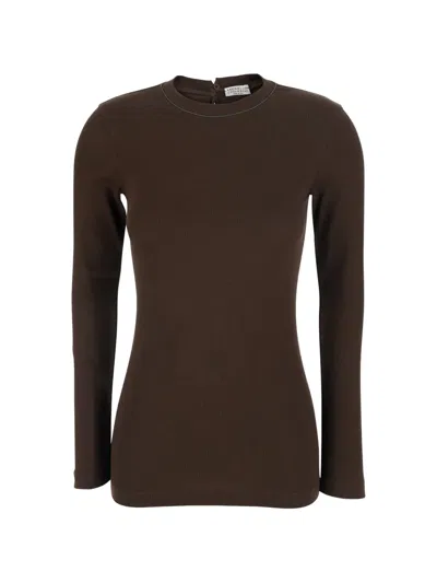 Brunello Cucinelli Monili-trim Long-sleeve T-shirt In Brown