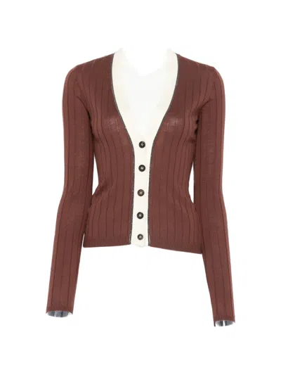 Brunello Cucinelli Monili-trim Ribbed Cardigan In Brown