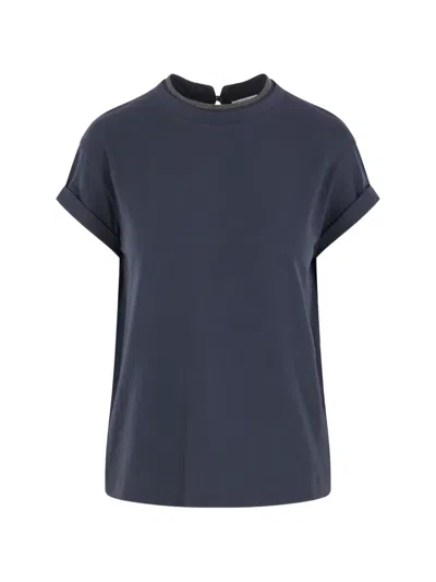 Brunello Cucinelli Monili-trim Rolled-cuff T-shirt In Blue