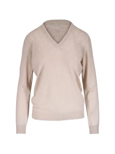 Brunello Cucinelli Monili-trim V-neck Cashmere Sweater In Neutral