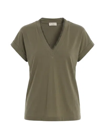 Brunello Cucinelli Monili-trim V-neck T-shirt In Green