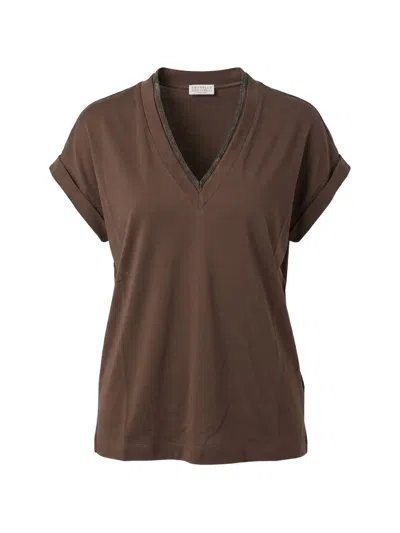 Brunello Cucinelli Monili-trimmed V-neck T-shirt In Brown