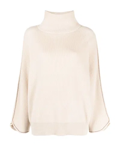 Brunello Cucinelli Bead-embellished Ribbed Cashmere Turtleneck Sweater In Neutral