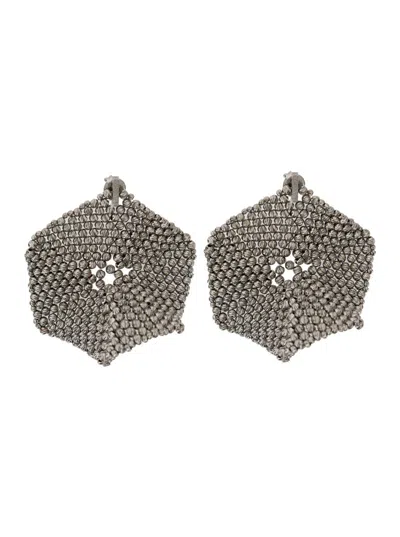 BRUNELLO CUCINELLI METALLIC HEXAGONAL EARINGS WITH BEADS EMBELLISHMENTS IN SILVER WOMAN