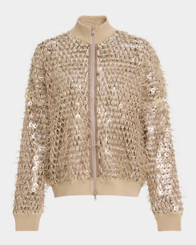 Brunello Cucinelli Mosaic Sequin Embroidered Net Knit Zip Jacket In C059 Light Brown
