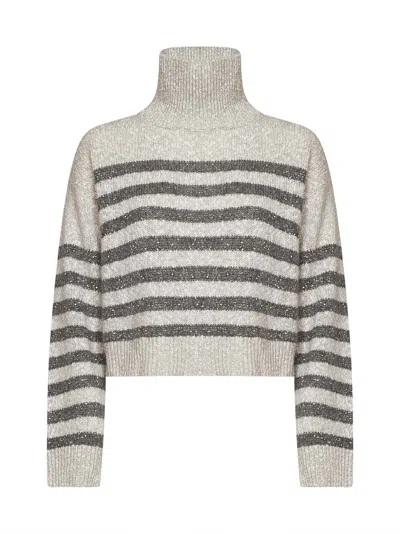 Brunello Cucinelli Mother-of-pearl And Grey Soft Wool And Cashmere Sweater With Dazzling Stripes In White
