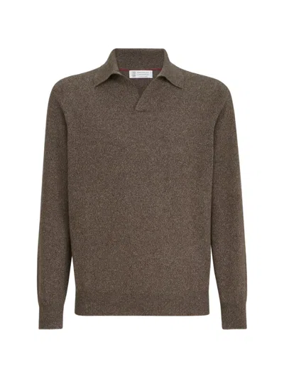 Brunello Cucinelli Mouliné Cashmere Knit Polo In Gray