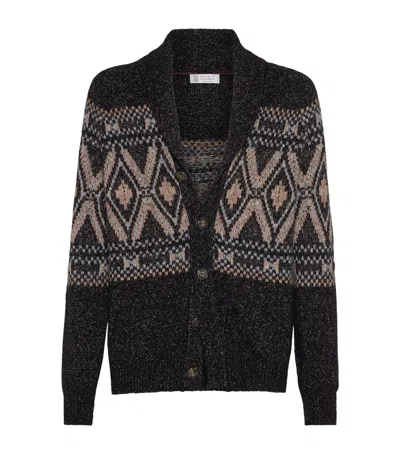 BRUNELLO CUCINELLI MOULINÉ VIRGIN WOOL-SILK-CASHMERE JACQUARD CARDIGAN