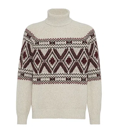 BRUNELLO CUCINELLI MOULINÉ VIRGIN WOOL-SILK-CASHMERE JACQUARD SWEATER