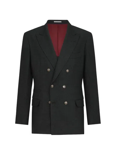 Brunello Cucinelli Mouliné Virgin Wool Twill One-and-a-half Breasted Deconstructed Blazer With Metal Buttons In Black