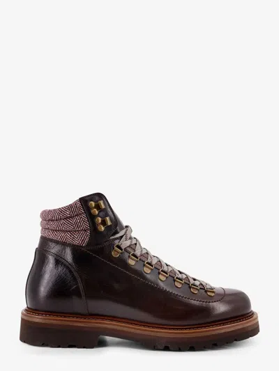 Brunello Cucinelli Mountain Boot Leather Ankle Boots With Wool And Cashmere Insert In Multi