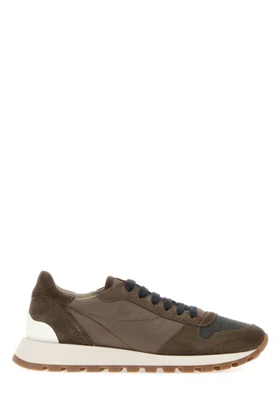 Brunello Cucinelli Suede And Techno Fabric Runners With Precious Toe In Brown