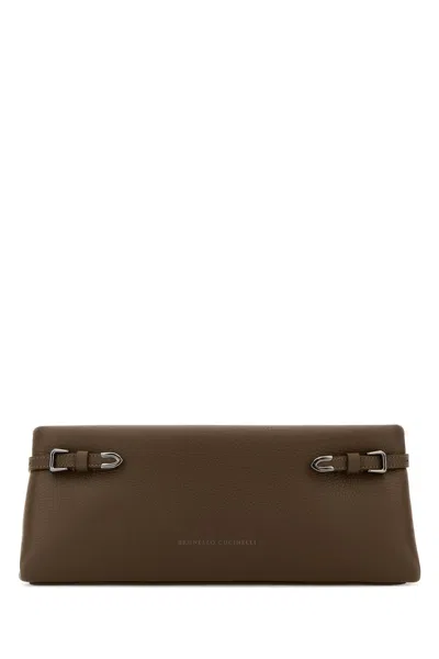 Brunello Cucinelli Leather Clutch Bag Rectangular Shape Buckle In Brown