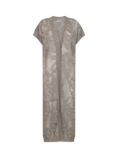 Brunello Cucinelli Mud Linen And Cotton Dazzling Water Lillies Long Cardigan In Neutral