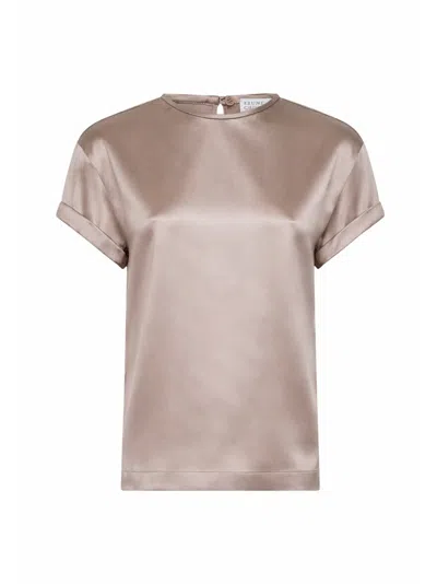 Brunello Cucinelli Mud Stretch Silk Satin Monili Blouse In Brown