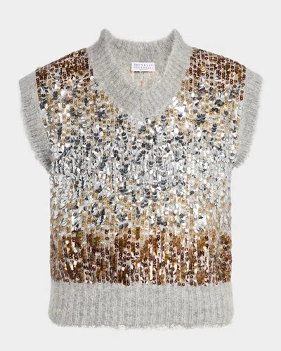 Brunello Cucinelli Multi-size Degrade Pailette Mohair V-neck Sweater In Gray