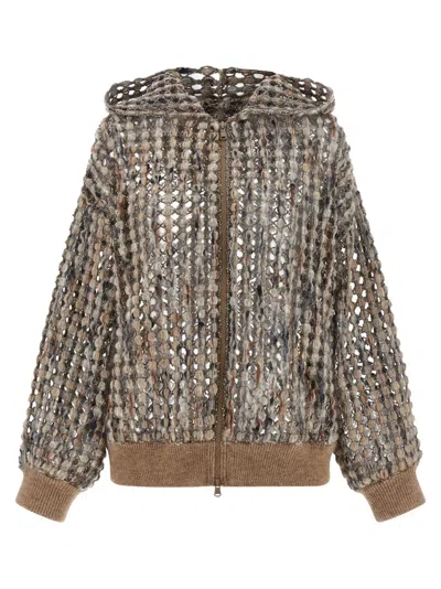 BRUNELLO CUCINELLI MULTICOLOR BALLOON NET EMBROIDERY CARDIGAN