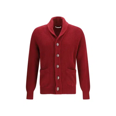 Brunello Cucinelli Ribbed Cotton Cardigan In Burgundy