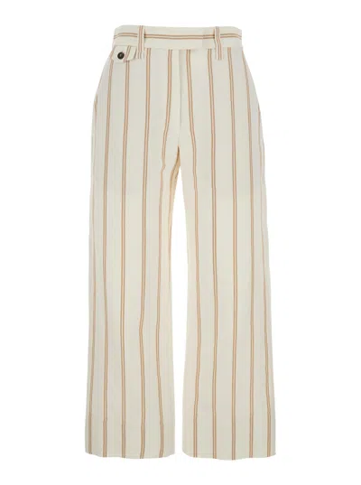 BRUNELLO CUCINELLI BRUNELLO CUCINELLI MULTICOLOR CROP PANTS WITH ALL-OVER STRIPED MOTIF AND MONILE DETAIL IN LINEN AND 