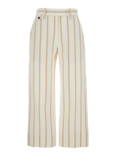 BRUNELLO CUCINELLI MULTICOLOR CROP PANTS WITH ALL-OVER STRIPED MOTIF AND MONILE DETAIL IN LINEN AND COTTON BLEND WOMAN