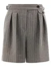 Brunello Cucinelli Grey Bermuda Panrs With Off-centered Button Closure And All-over Striped Motif In Linen Blend Woman In Gold