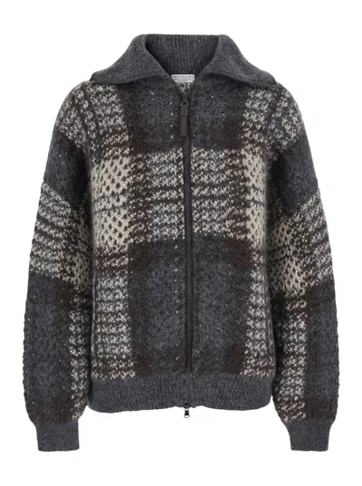 Brunello Cucinelli Multicolor Wool-blend Jacket With Folded High Collar And Dropped Shoulders In Gray