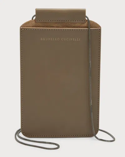 Brunello Cucinelli Napa Leather Phone Case W/ Monili Chain Strap In Brown