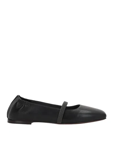 Brunello Cucinelli Leather Ballerinas With Iconic Jewel Application In Black