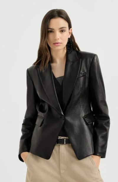 Brunello Cucinelli Nappa Leather Blazer With Monili In Black