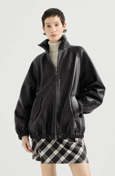 Brunello Cucinelli Nappa Leather Bomber Jacket With Monili In Black