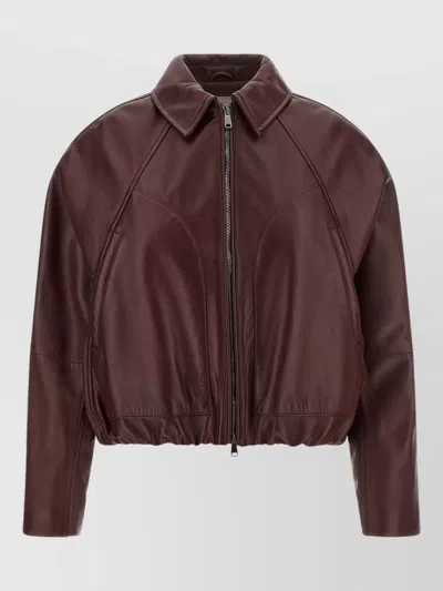 Brunello Cucinelli Nappa Leather Cropped Jacket Shirt Collar In Brown