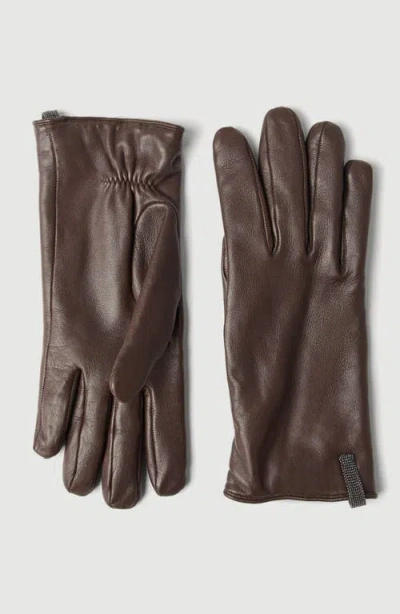 Brunello Cucinelli Nappa Leather Gloves With Monili In Chocolate