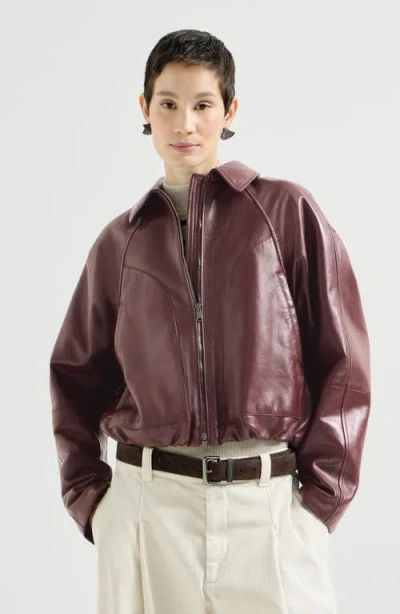 Brunello Cucinelli Nappa Leather Outerwear Jacket With Drawstring And Monili In Burgundy