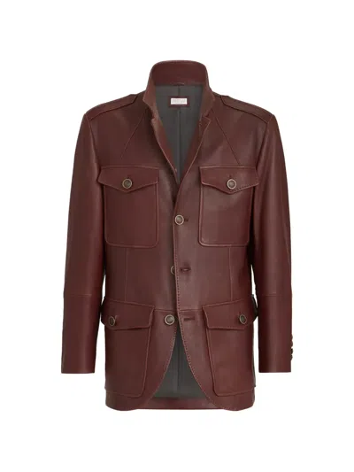 Brunello Cucinelli Nappa Leather Utility Blazer In Brown