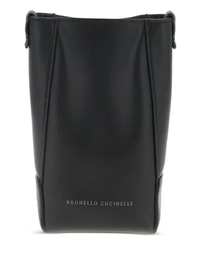 Pre-owned Brunello Cucinelli Nappa Shoulder Strap Mobile Phone Case In Black
