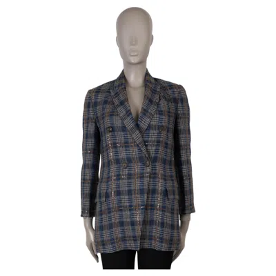 Pre-owned Brunello Cucinelli Navy Blue Beige Linen 2018 Sequin Plaid Blazer Jacket 40 S