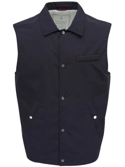 Brunello Cucinelli Navy Blue Coat With Classic Collar In Black