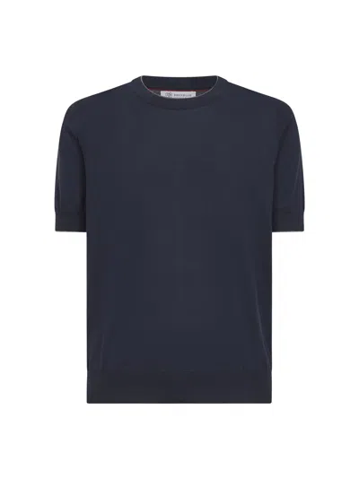 Brunello Cucinelli Navy Blue Cotton Knit Crewneck Sweater