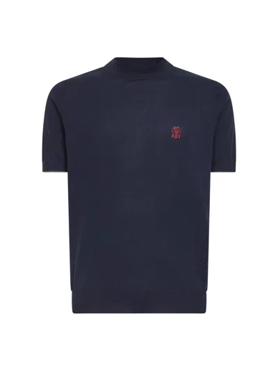 Brunello Cucinelli Navy Blue Cotton Logo Short-sleeved Shirt