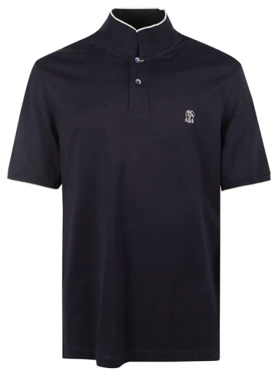 Brunello Cucinelli Navy Blue Cotton Polo Shirt In Black