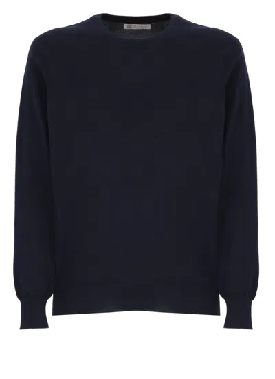 Brunello Cucinelli Ribbed Edges Detail Cashmere Crew Neck In Azul Oscuro