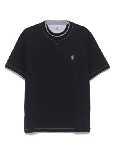 BRUNELLO CUCINELLI NAVY BLUE CREWNECK LOGO T-SHIRT