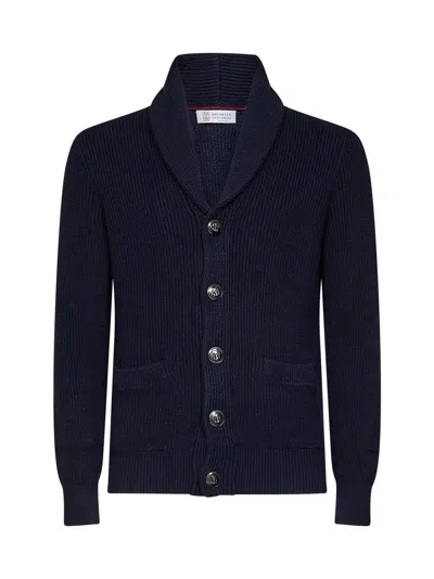 Brunello Cucinelli Navy Blue English Rib Stich Knit Shawl Cardigan