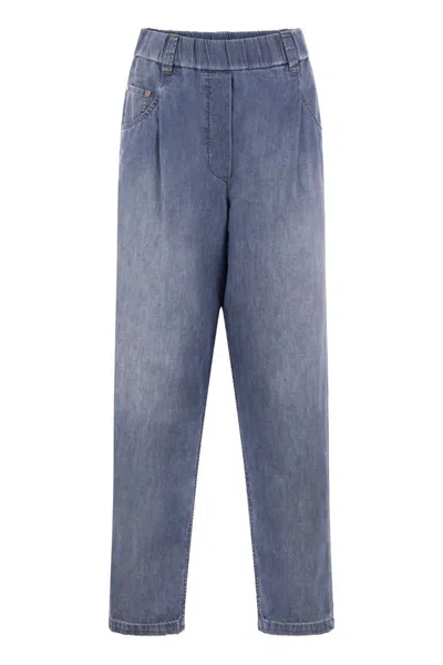 Brunello Cucinelli Navy Blue High-waisted Tapered Jeans With Elasticated Waistband