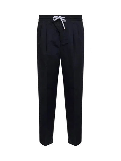 Brunello Cucinelli Navy Blue Linen And Cotton Drill Leisure Fit Trousers