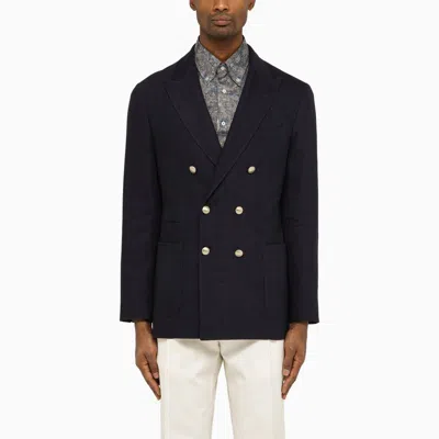 BRUNELLO CUCINELLI NAVY BLUE LINEN AND WOOL DOUBLE-BREASTED JACKET FOR MEN