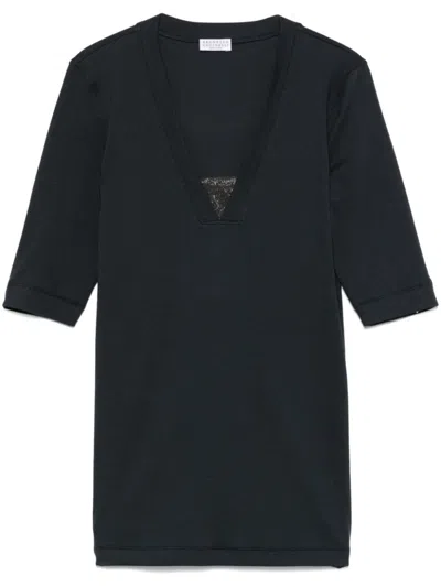 BRUNELLO CUCINELLI NAVY BLUE MONILI-DETAIL TOP